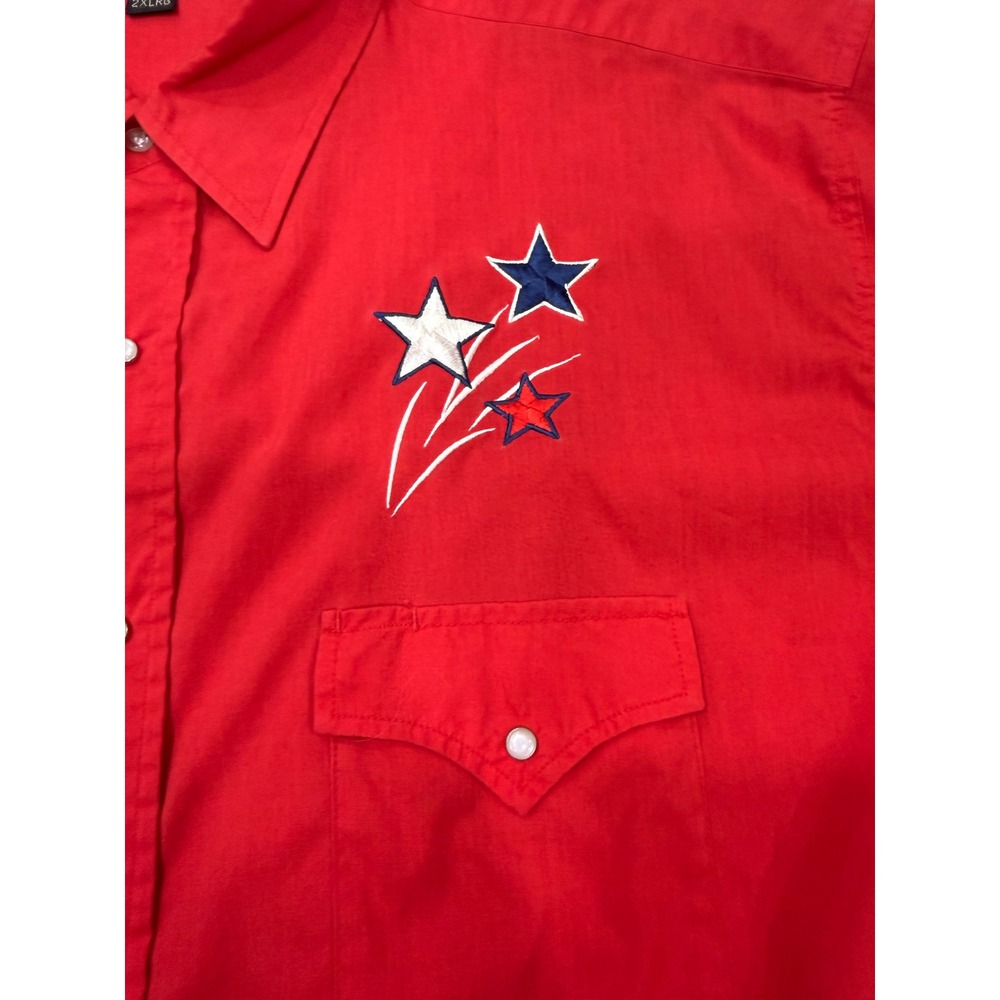 High Noon Mens 2XL Red Western Pearl Snap Short Sleeve Star Embroidered Shirt - Picture 3 of 9